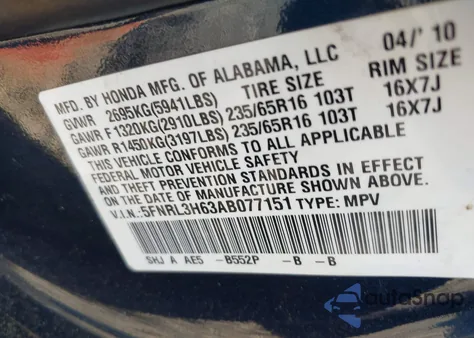 2010 Honda Odyssey Ex-L z USA, uszkodzony, nr VIN 5FNRL3H63AB077151